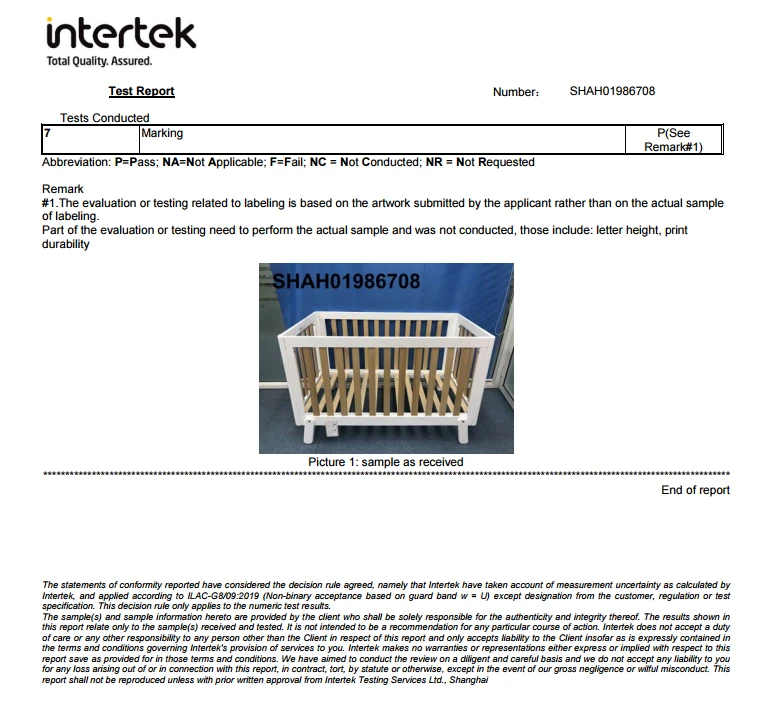 Intertek test report final page showing the marking assessment result and a photo of the cot bed sample as received Intertek test report final page showing the marking assessment result and a photo of the cot bed sample as received